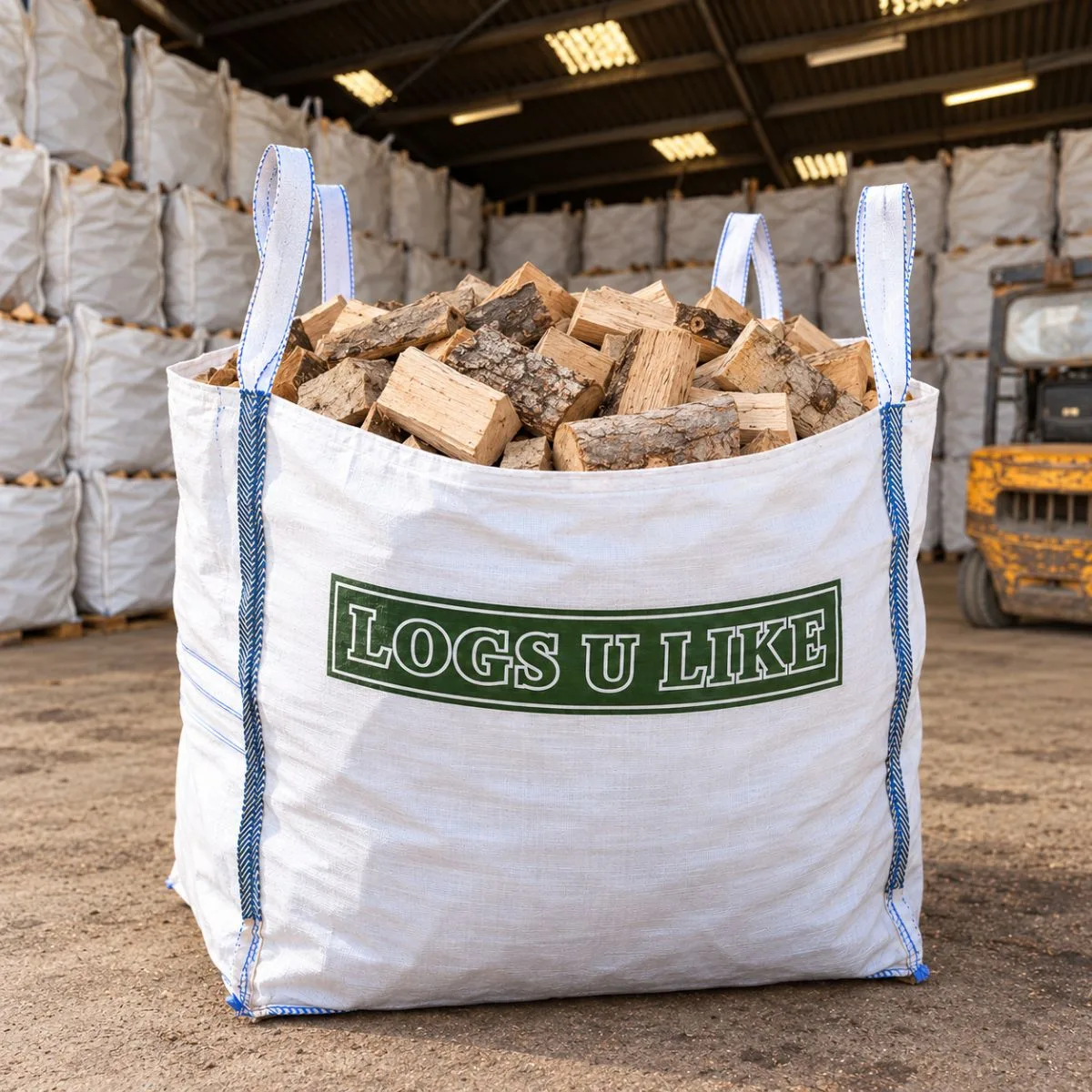 kiln-dried-firewood-logs-jumbo-bag _ Logs U Like Logs U Like jumbo bag filled with kiln dried firewood logs in indoor storage